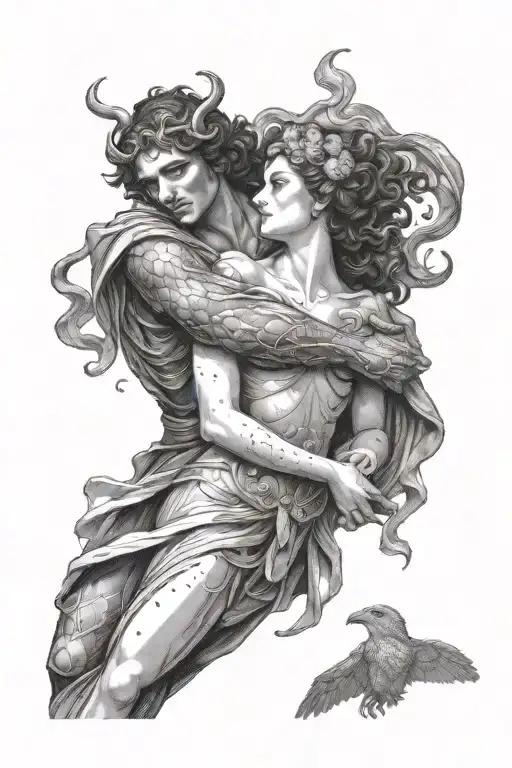 Orpheus holding Eurydices hand as he guides her towards light, black border, Orpheus has eyes covered  tattoo design idea