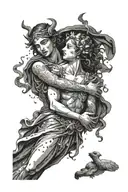 Orpheus holding Eurydices hand as he guides her towards light, black border, Orpheus has eyes covered  tattoo design idea