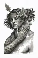 Orpheus holding Eurydices hand as he guides her towards light, black border, Orpheus has eyes covered  tattoo design idea