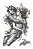 Orpheus holding Eurydices hand as he guides her towards light, black border, Orpheus has eyes covered  tattoo design idea