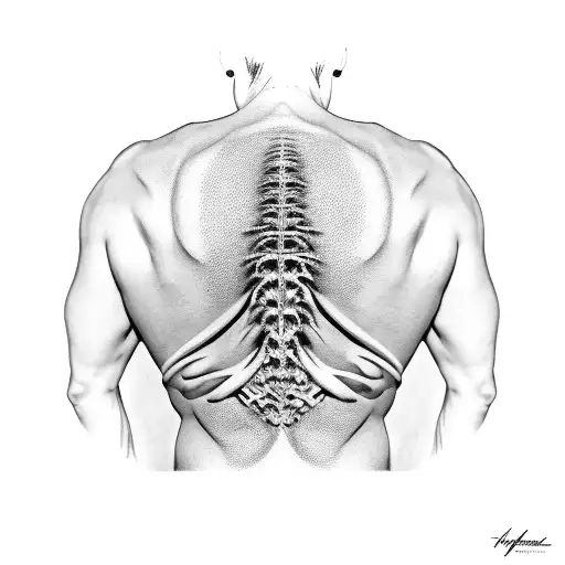 Hyperrealistic, male model, minimalist tattoo, elegant, black lines, symmetry, spine. Made for backs tattoo design idea