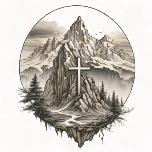 mountains and cross tattoo design idea