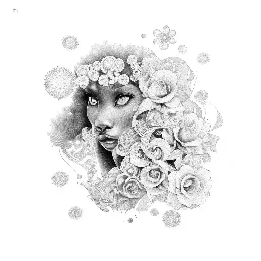 Leo zodiac sign, Flowers, Afro goddess  tattoo design idea