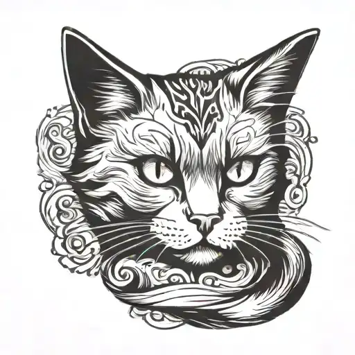 a two-color tattoo of a black cat, with its fluffy, furry tail wearing a collar tattoo design idea