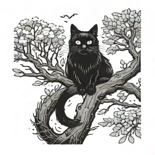a tattoo, of a black cat, with its furry, fluffy tail wearing a collar, perched on a tree tattoo design idea