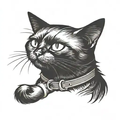 a two-color tattoo of a black cat, with its fluffy, furry tail wearing a collar tattoo design idea