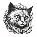 a two-color tattoo of a black cat, with its fluffy, furry tail wearing a collar tattoo design idea