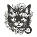 a two-color tattoo of a black cat, with its fluffy, furry tail wearing a collar tattoo design idea