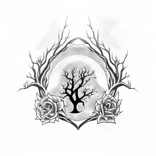 gothic scene, gnarled Thorne tree branches, crows perched on branches, roses intertwined, steampunk heart in centre tattoo design idea