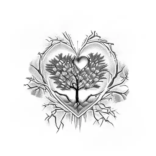gothic tree scene, roses, crows and heart tattoo design idea