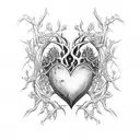 gothic thigh piece, gnarled branches and roots with roses and thorns, crows, steampunk heart tattoo design idea