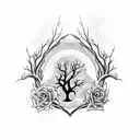 gothic scene, gnarled Thorne tree branches, crows perched on branches, roses intertwined, steampunk heart in centre tattoo design idea