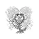 gothic scene, gnarled Thorne tree branches, crows perched on branches, roses intertwined, steampunk heart in centre tattoo design idea