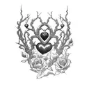gothic scene, gnarled Thorne tree branches, crows perched on branches, roses intertwined, steampunk heart in centre tattoo design idea