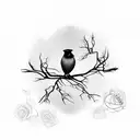 gothic scene, gnarled Thorne tree branches, crows perched on branches, roses intertwined, steampunk heart in centre tattoo design idea