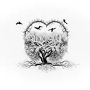 gothic tree scene, roses, crows and heart tattoo design idea