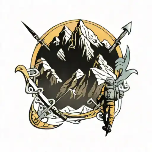 mountain with ice axe mountaineering tattoo design idea