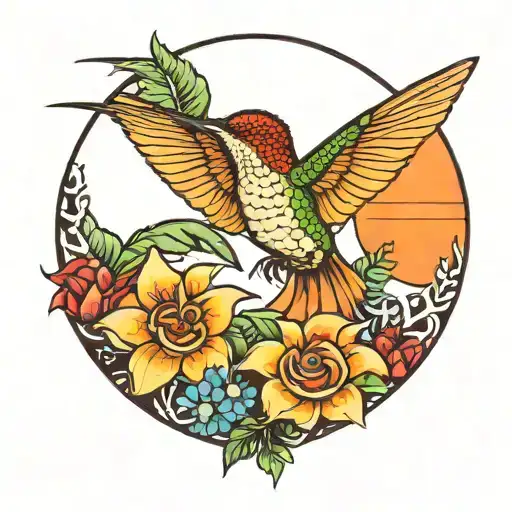 a hummingbird, a geko, a sun, waves and palm trees and sunset tattoo design idea