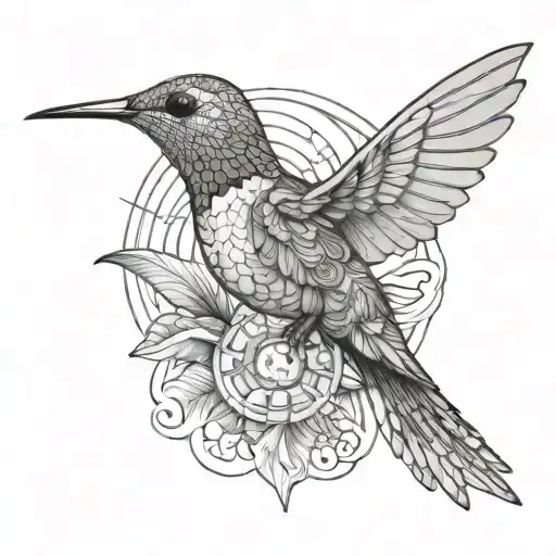 a hummingbird, a geko, a sun, waves and palm trees tattoo design idea