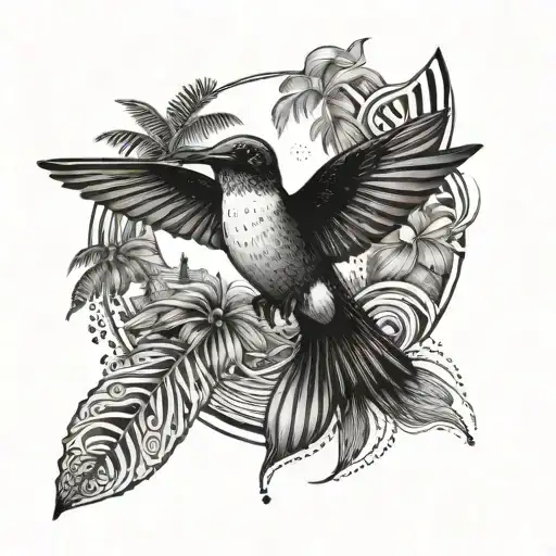 Black and white shoulder tattoo design featuring a hummingbird, geko, sun, waves and palm trees tattoo design idea