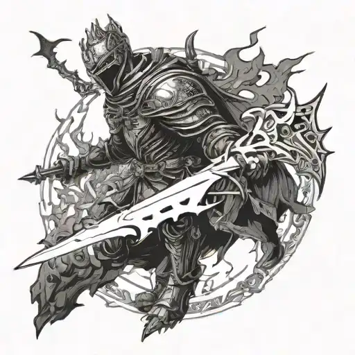A detailed depiction of the Soul of Cinder boss from Dark Souls 3, incorporating elements of blackwork style tattoo design idea