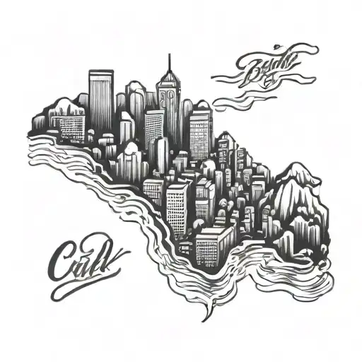 A blackwork tattoo of a skyline featuring both Manchester City's stadium and a mountain peak tattoo design idea