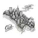 A blackwork tattoo of a skyline featuring both Manchester City's stadium and a mountain peak tattoo design idea