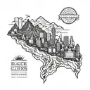 A blackwork tattoo of a skyline featuring both Manchester City's stadium and a mountain peak tattoo design idea