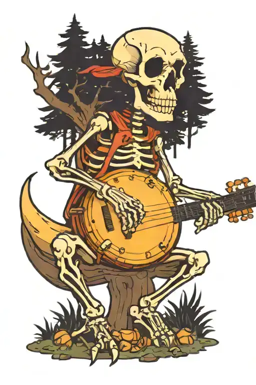 Skeleton playing banjo in forest at night by campfire  tattoo design idea