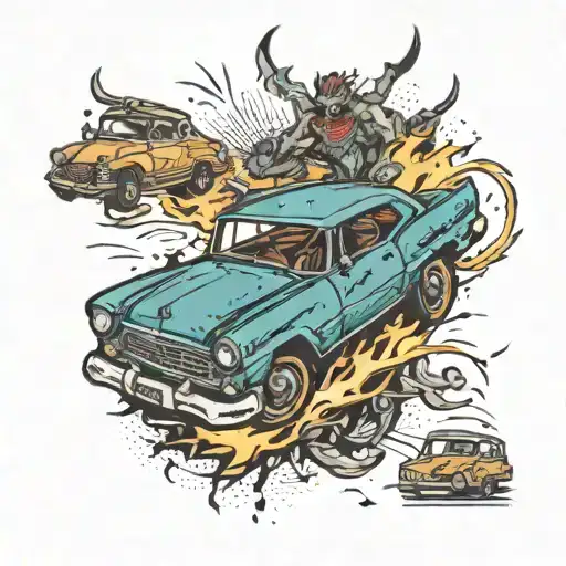 A demon car crashing through a demolition derby tattoo design idea