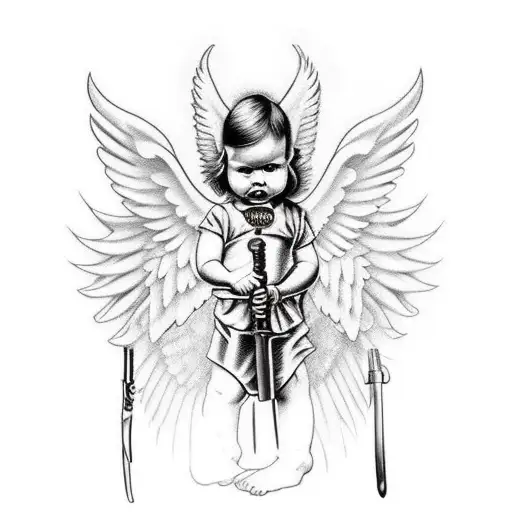 baby gangster angel with weapons falling tattoo design idea