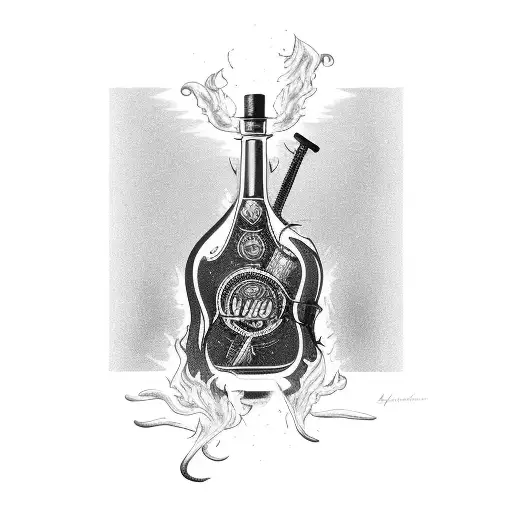 Rum bottle pouring into a guitar while being consumed by fire tattoo design idea