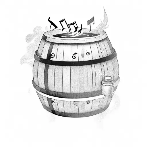 A rum barrel being set ablaze with musical notes floating above tattoo design idea