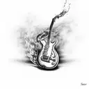 Rum bottle pouring into a guitar while being consumed by fire tattoo design idea