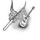 Rum bottle pouring into a guitar while being consumed by fire tattoo design idea