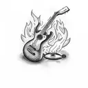 Rum bottle pouring into a guitar while being consumed by fire tattoo design idea