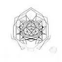 A mesmerizing geometric composition featuring the unk symbol surrounded by celestial elements tattoo design idea