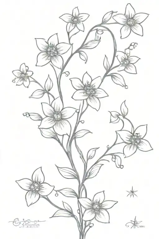 vertical forget me not flower blooming intertwined with vines and stars going up and growing tattoo design idea