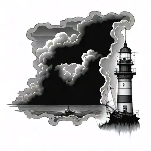 Storm and ship and lighthouse standing tall tattoo design idea