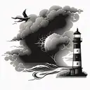 Storm and ship and lighthouse standing tall tattoo design idea