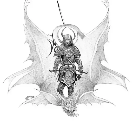 Design a tattoo featuring a Nordic warrior with dragon wings tattoo design idea