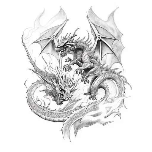 Design a tattoo showcasing a dragon and a wizard engaged in a fierce battle tattoo design idea