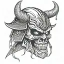 half broken oni mask with samurai helmet skull wearing tattoo design idea