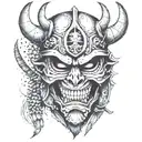 half broken oni mask with samurai helmet skull wearing tattoo design idea