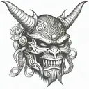 half broken oni mask with samurai helmet skull wearing tattoo design idea