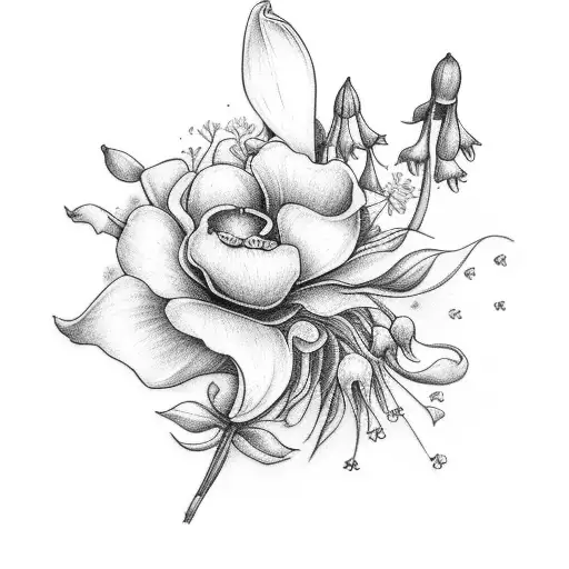please create a dried flower bouquet tattoo with lily of the valley, rose, daisy, poppy, and snowdrop  tattoo design idea