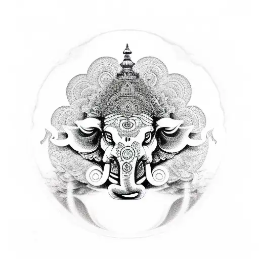 A black and grey Ganesh meditating surrounded psychedelic patterns with psychadelic 3rd eye tattoo design idea