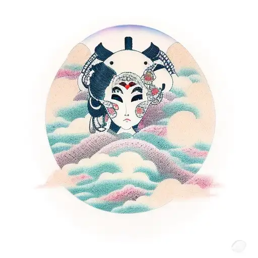 girl with Japanese mask in the clouds tattoo design idea