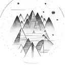 circle design that includes 3 mountain peaks, 3 glowing stars in the night sky, and a pair of pat wings tattoo design idea