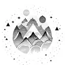 circle design that includes 3 mountain peaks, 3 glowing stars in the night sky, and a pair of pat wings tattoo design idea